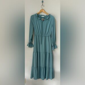Seafoam-Blue Chiffon-Like Flowy Tiered Maxi Desert Country Dress W/ Ruffle Cuffs